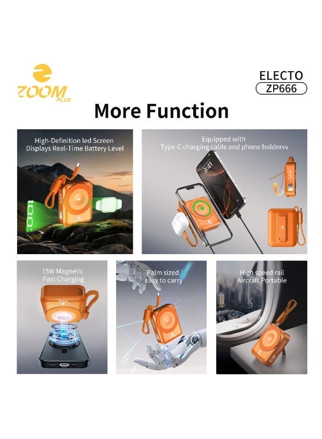 زوم بلس باور بنك زوم بلس ELECTO ZP666 بسعة 10000 مللي أمبير | شحن لاسلكي 15 واط | كابل مدمج | تصميم مدمج وشحن سريع - Image 2